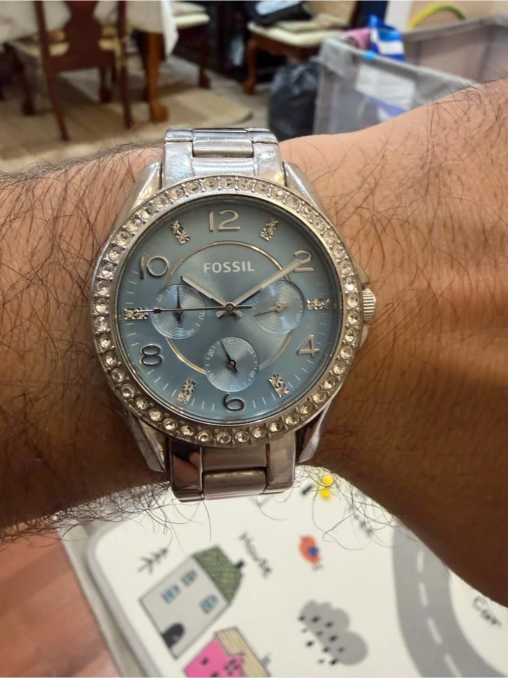 Fossil Riley ES3529 Silver Stainless Steel Light Blue Dial Crystal Unisex Watch